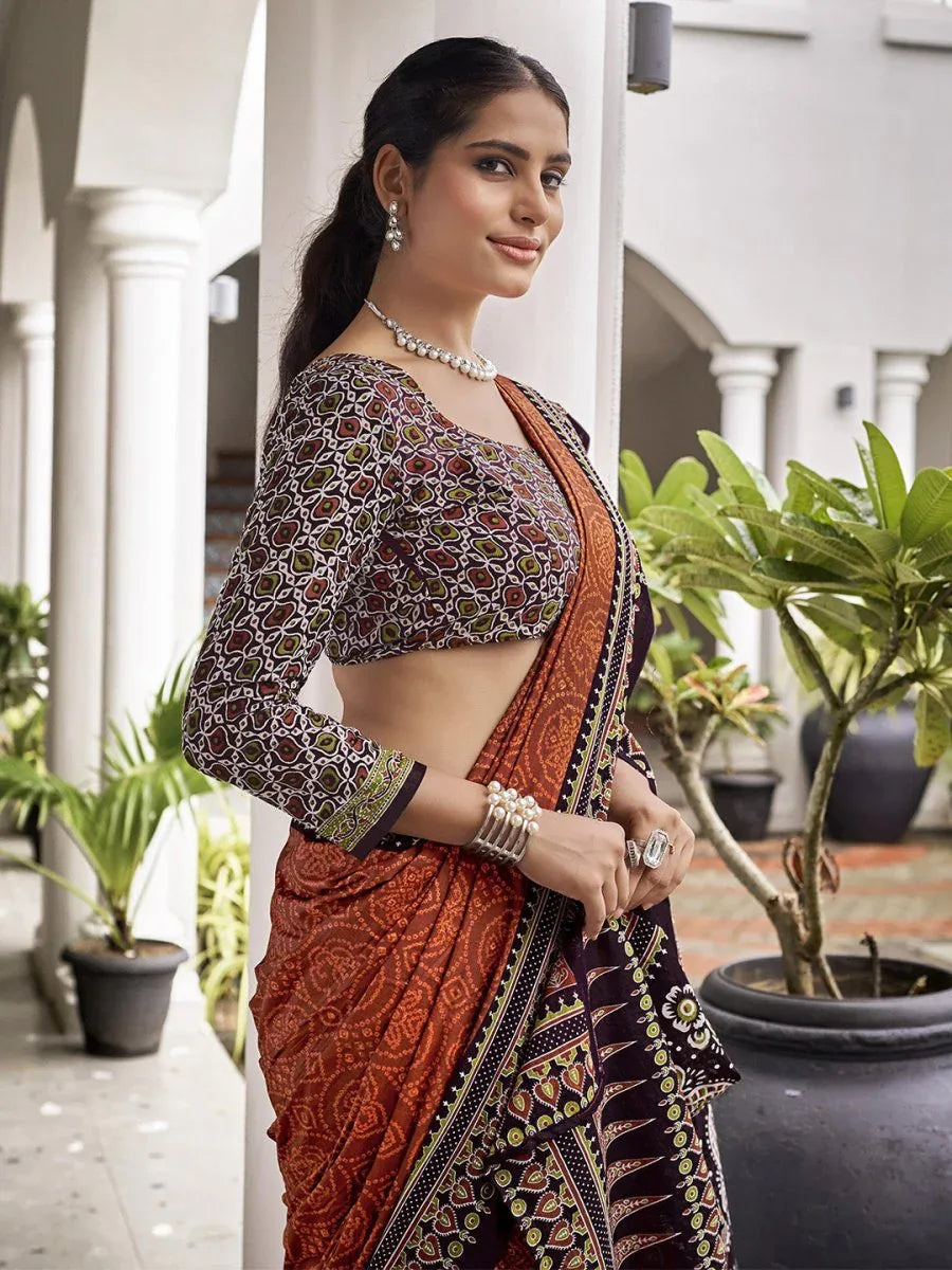 Orange Mulmul Cottons Saree With Blouse Piece - EZBER