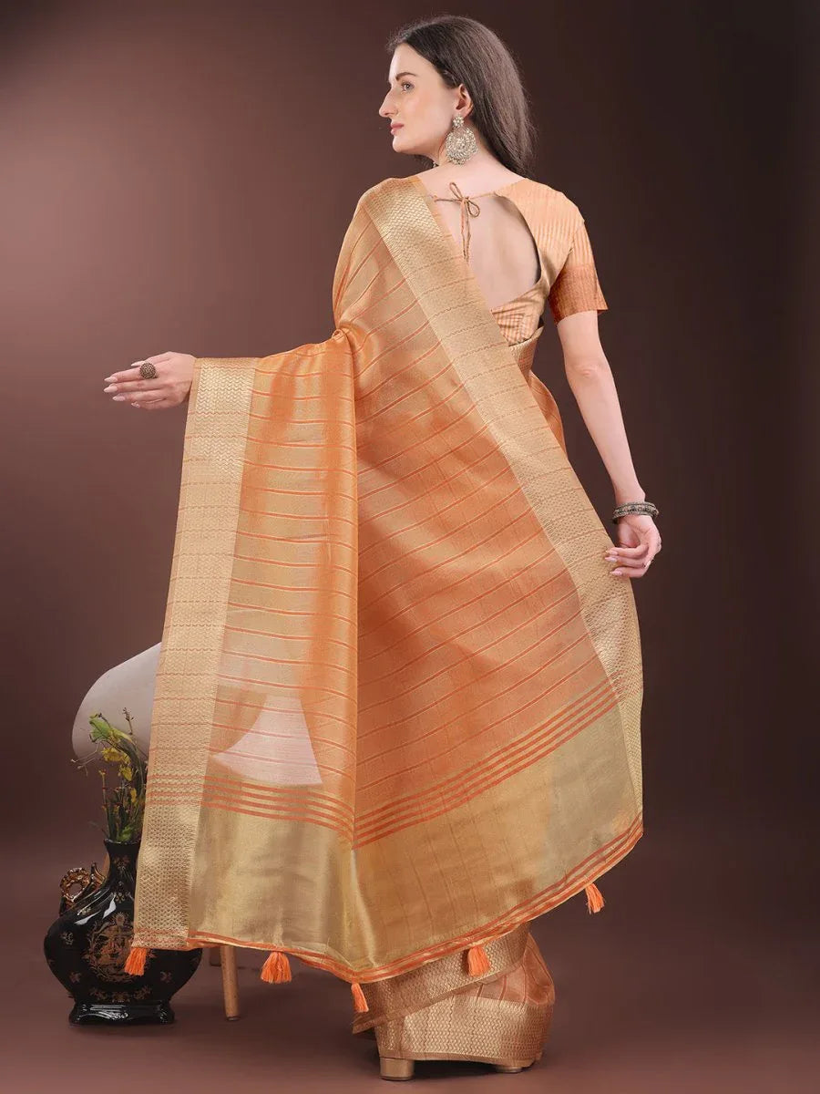 Orange Organza Saree With Blouse Piece - EZBER