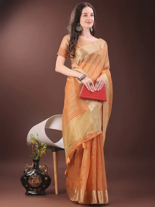 Orange Organza Saree With Blouse Piece - EZBER