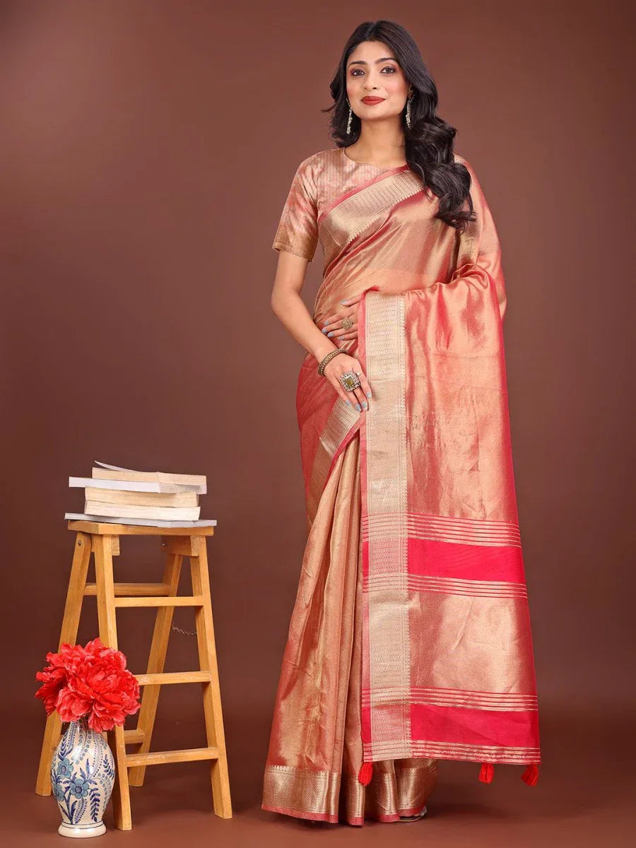 Orange Organza Saree With Blouse Piece - EZBER
