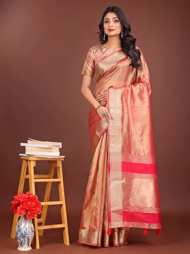 Orange Organza Saree With Blouse Piece - EZBER