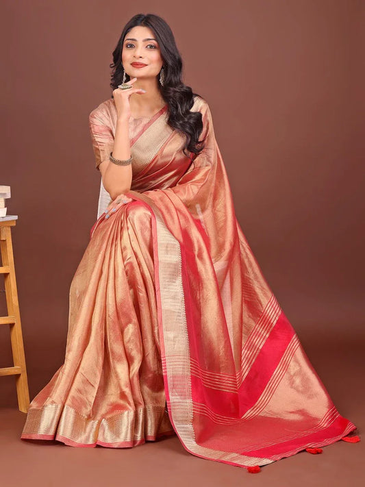 Orange Organza Saree With Blouse Piece - EZBER
