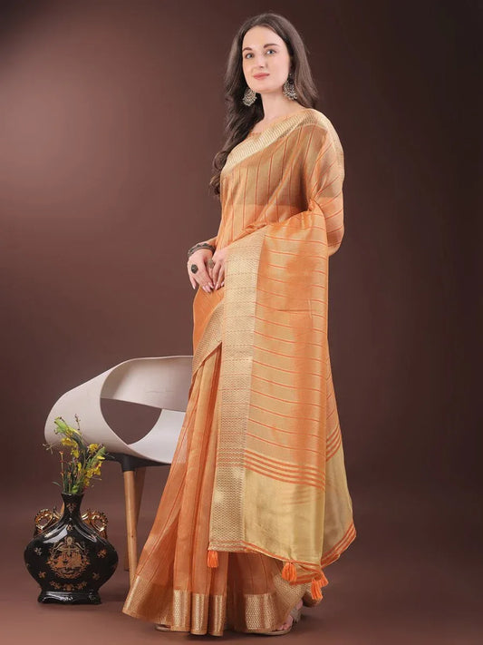 Orange Organza Saree With Blouse Piece - EZBER