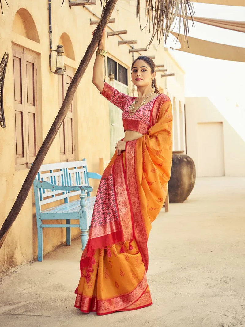 Orange Raw Silk Festive Wear Saree With Blouse Piece - EZBER