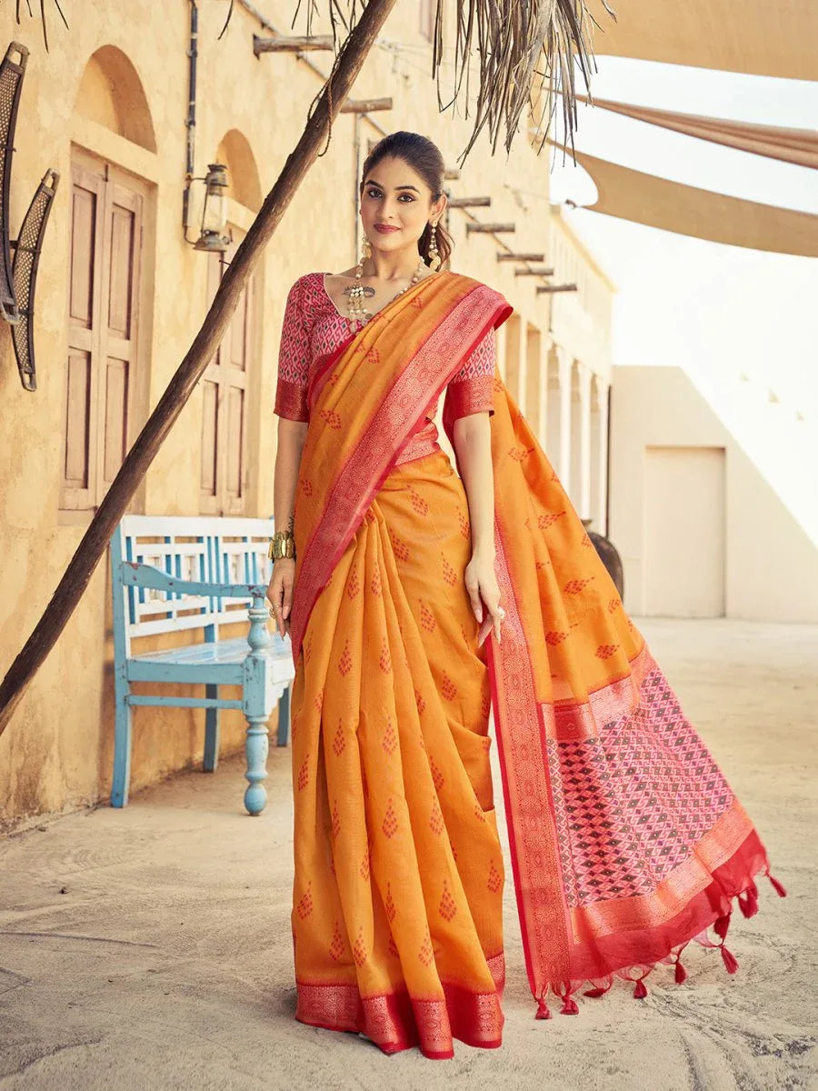 Orange Raw Silk Festive Wear Saree With Blouse Piece - EZBER