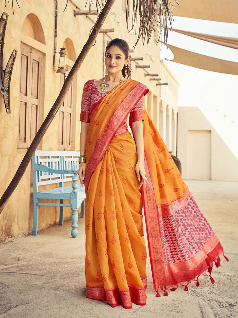 Orange Raw Silk Festive Wear Saree With Blouse Piece - EZBER