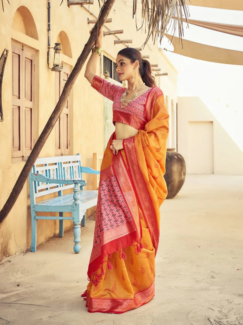 Orange Raw Silk Festive Wear Saree With Blouse Piece - EZBER