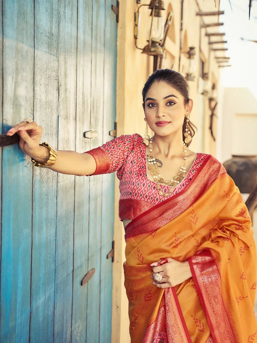 Orange Raw Silk Festive Wear Saree With Blouse Piece - EZBER