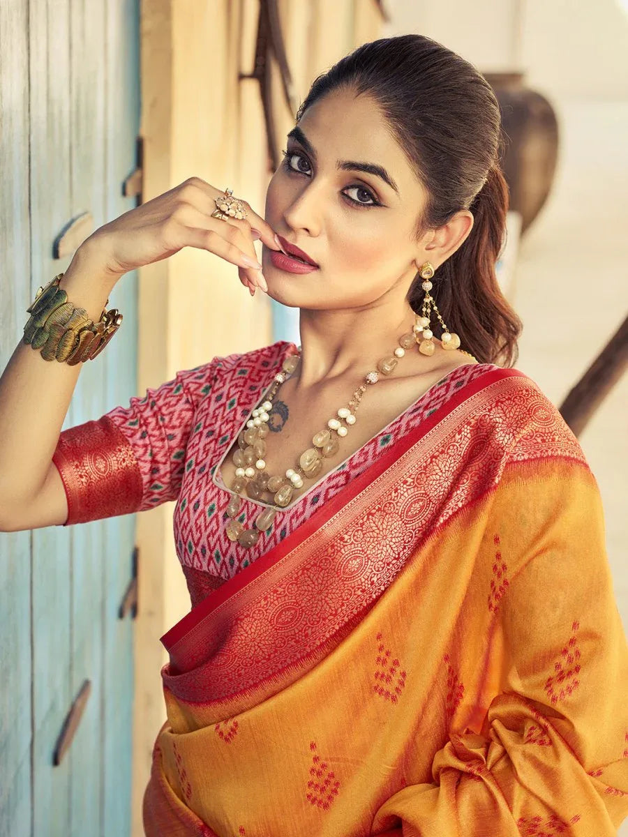 Orange Raw Silk Festive Wear Saree With Blouse Piece - EZBER