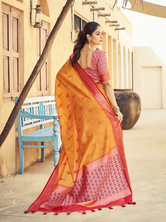 Orange Raw Silk Festive Wear Saree With Blouse Piece - EZBER