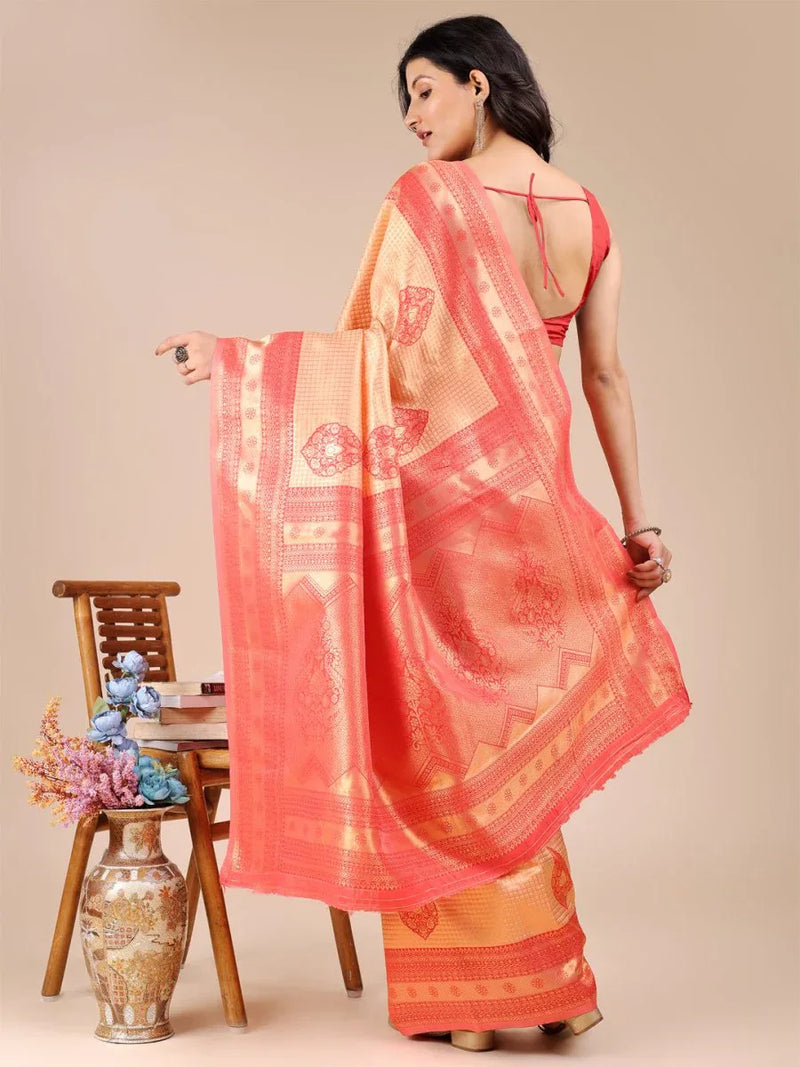 Orange & Red Banarasi Silk Saree With Blouse Piece - EZBER