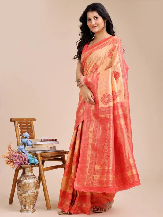 Orange & Red Banarasi Silk Saree With Blouse Piece - EZBER
