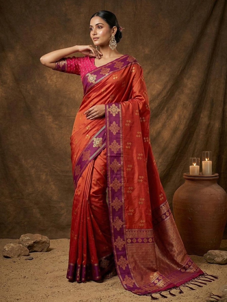Orange Silk Blend Handloom Saree | EZB SI04 SUMER1003 - EZBER