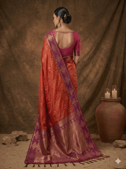 Orange Silk Blend Handloom Saree | EZB SI04 SUMER1003 - EZBER
