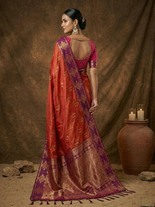 Orange Silk Blend Handloom Saree | EZB SI04 SUMER1003 - EZBER