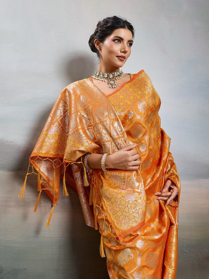 Orange Silk Blend Handloom Saree | EZB SI04 SURJW2003 - EZBER