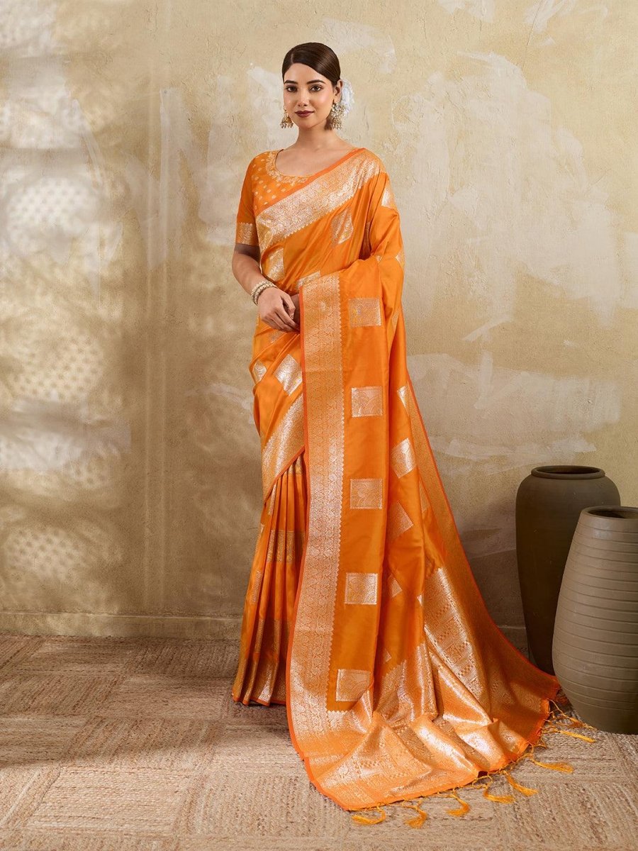 Orange Silk Blend Handloom Saree | EZB SI04 SURJW3002 - EZBER