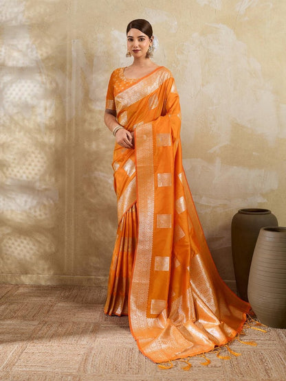 Orange Silk Blend Handloom Saree | EZB SI04 SURJW3002 - EZBER
