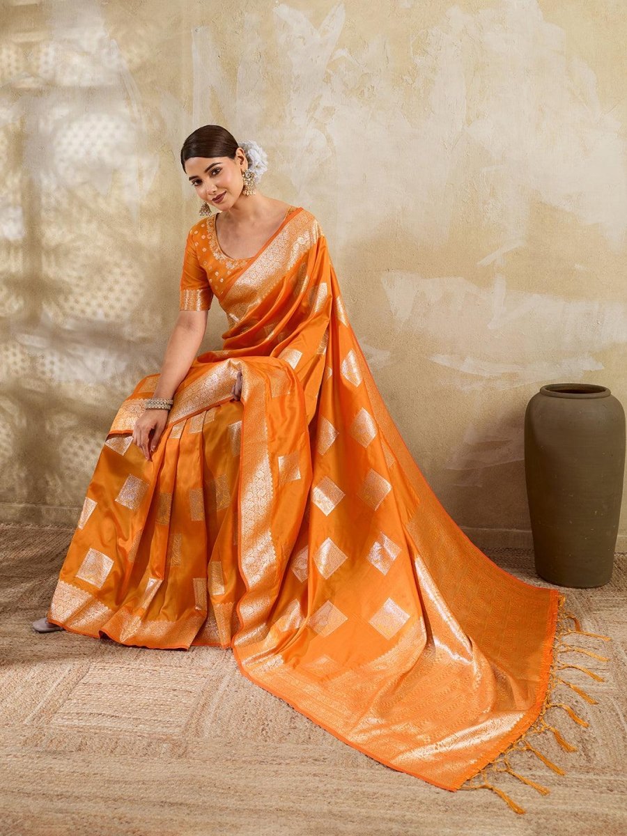 Orange Silk Blend Handloom Saree | EZB SI04 SURJW3002 - EZBER