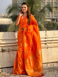 Orange Silk Blend Saree With Blouse Piece - EZBER