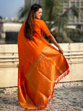 Orange Silk Blend Saree With Blouse Piece - EZBER