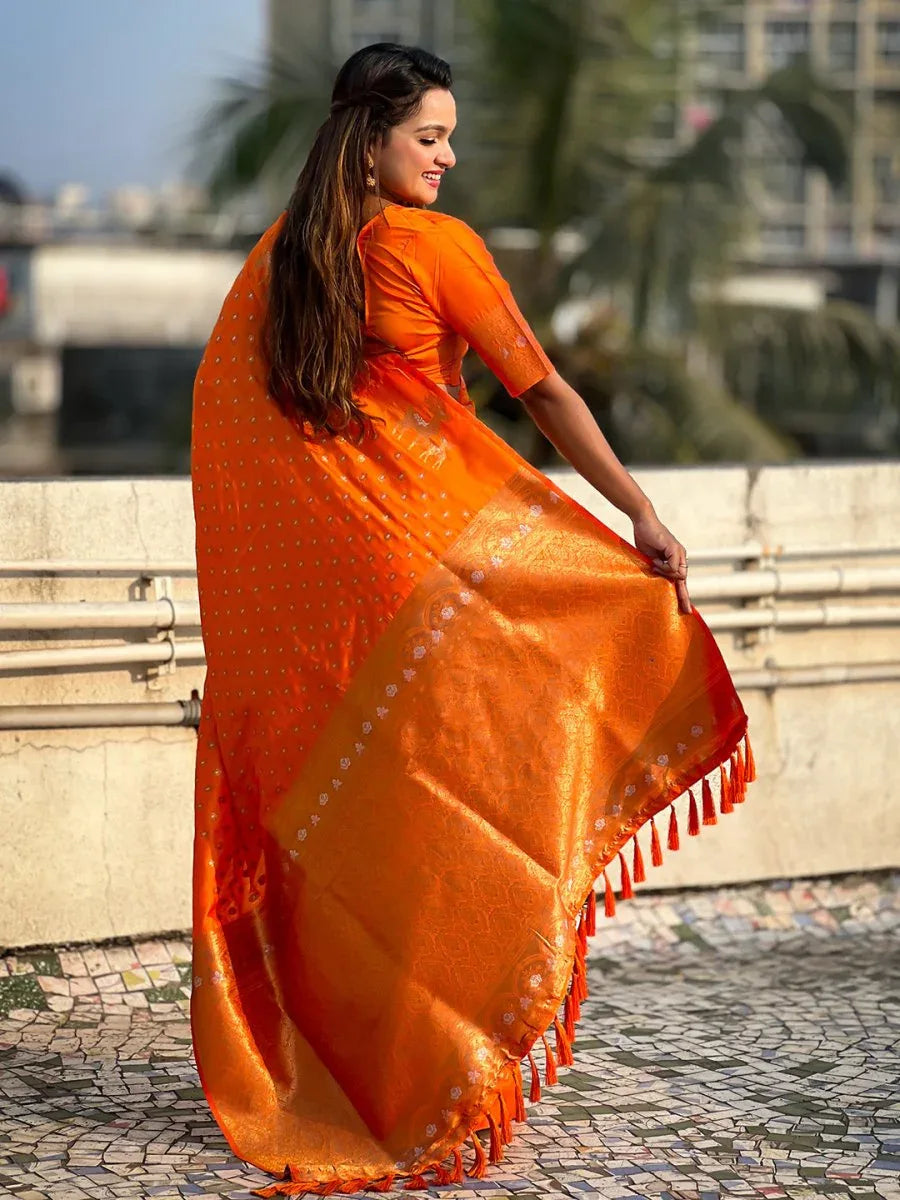 Orange Silk Blend Saree With Blouse Piece - EZBER