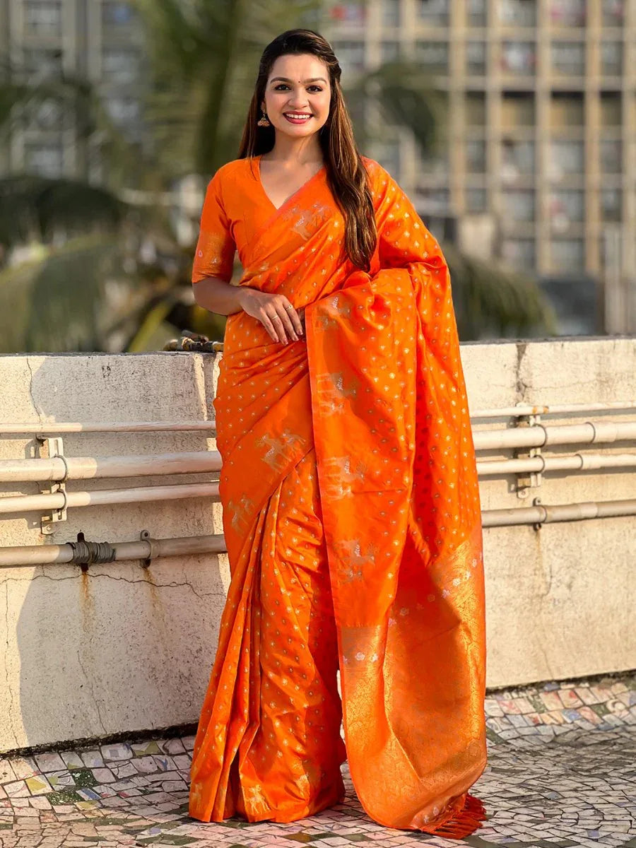Orange Silk Blend Saree With Blouse Piece - EZBER