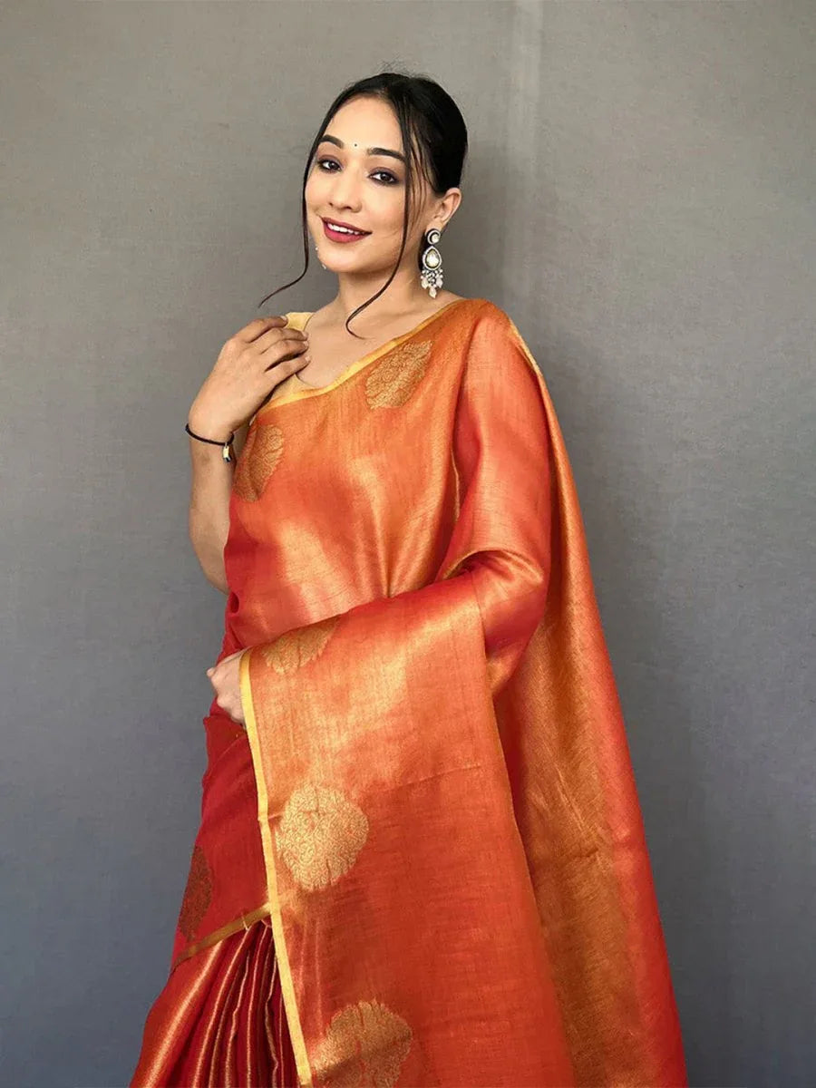 Orange Silk Festive Wear Saree With Blouse Piece - EZBER