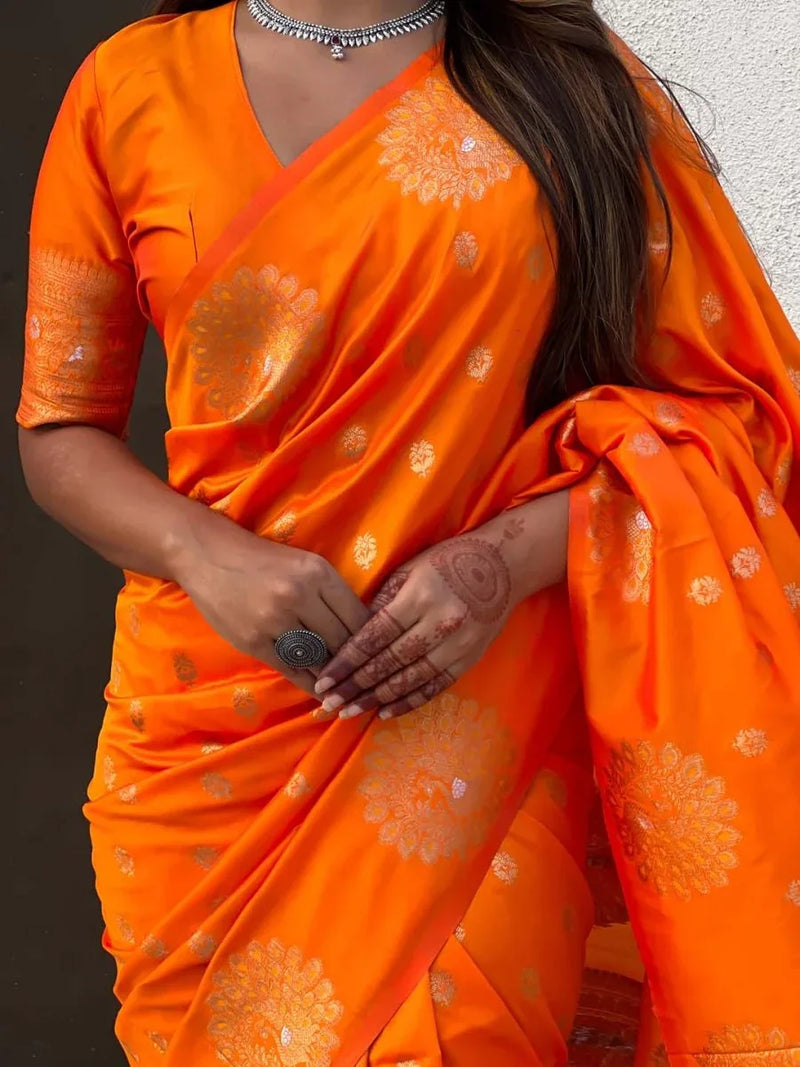 Orange Soft silk Saree With Blouse Piece - EZBER