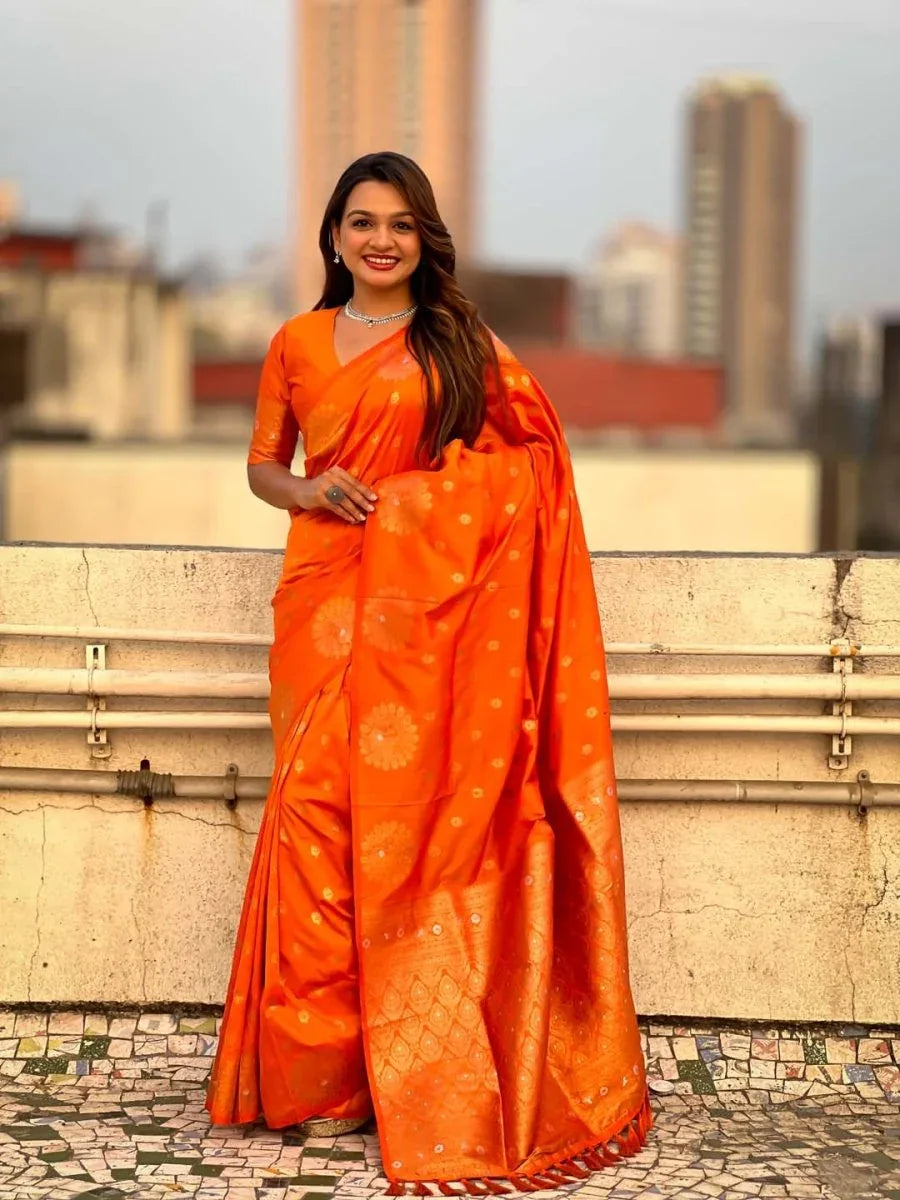 Orange Soft silk Saree With Blouse Piece - EZBER