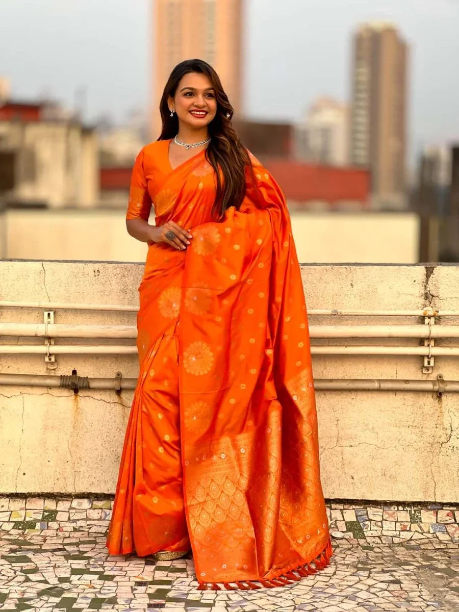 Orange Soft silk Saree With Blouse Piece - EZBER
