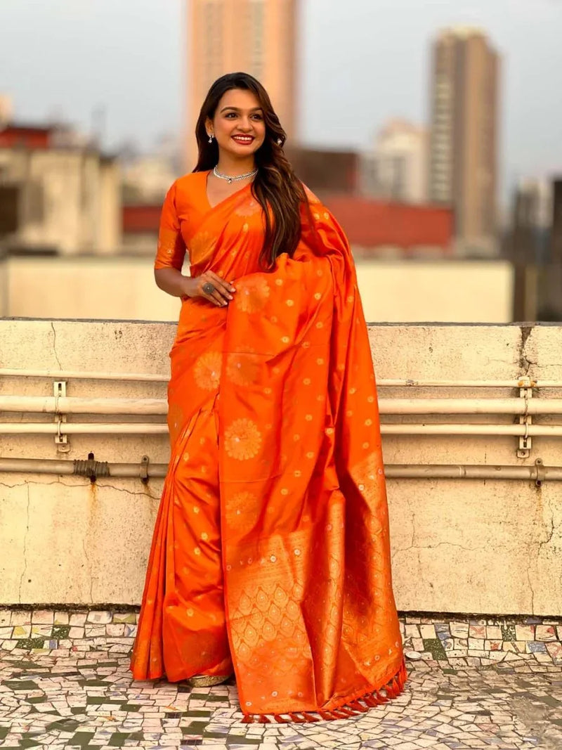 Orange Soft silk Saree With Blouse Piece - EZBER