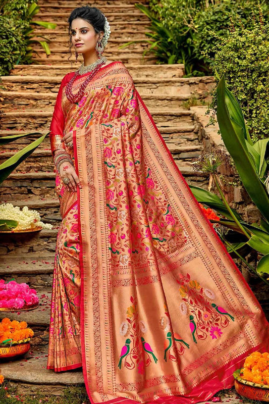 Crimson Red Golden Paithani Saree - EZBER