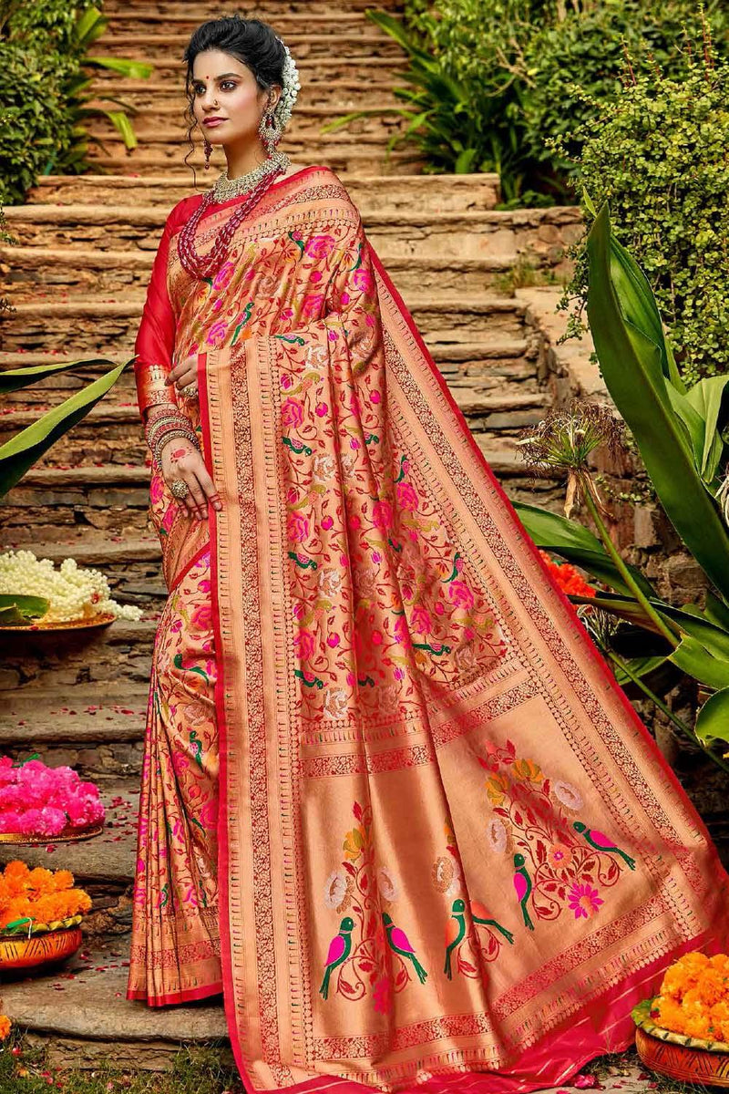 Crimson Red Golden Paithani Saree - EZBER