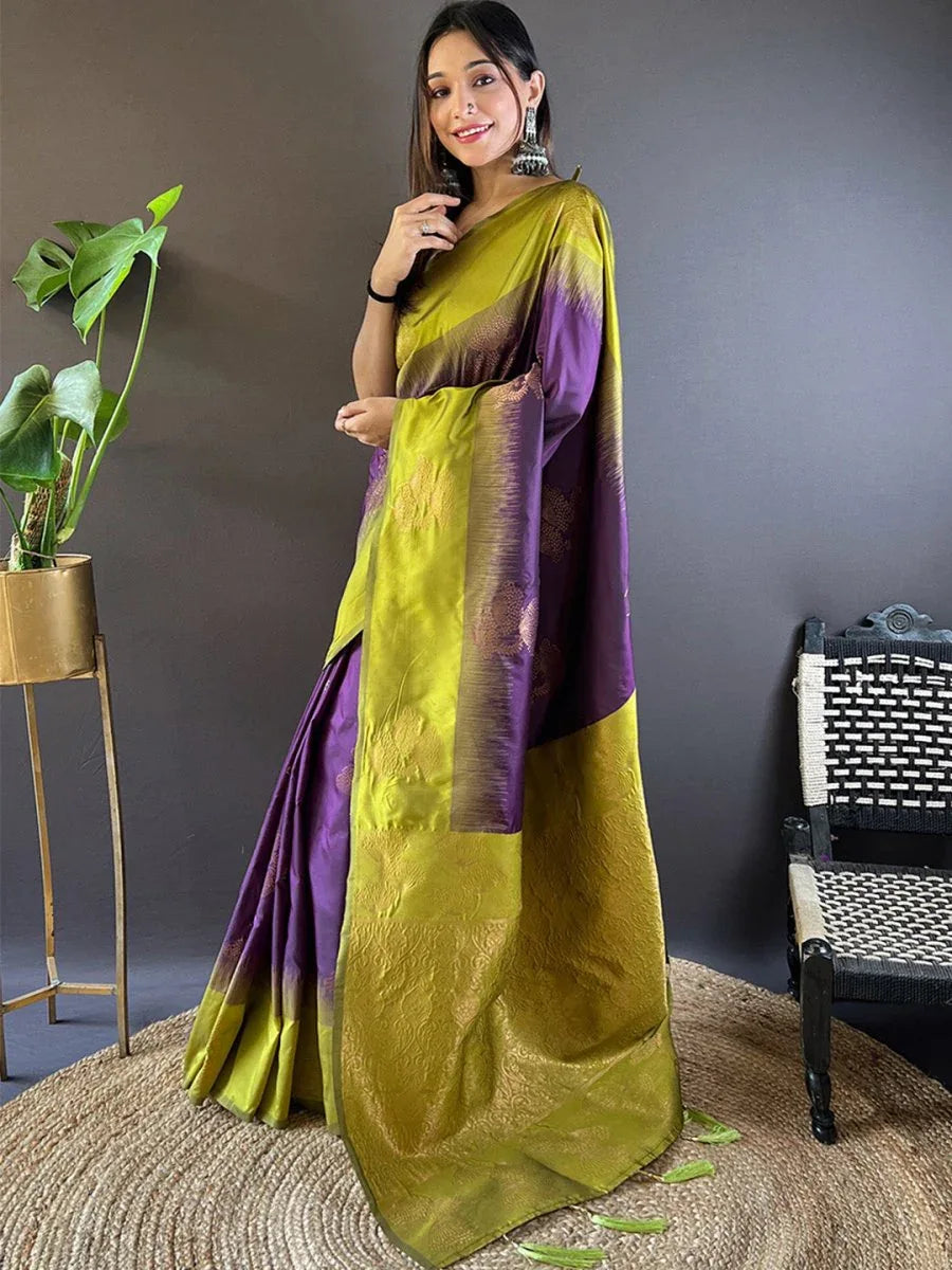Parrot Green With Purple Soft Silk Saree With Blouse Piece - EZBER