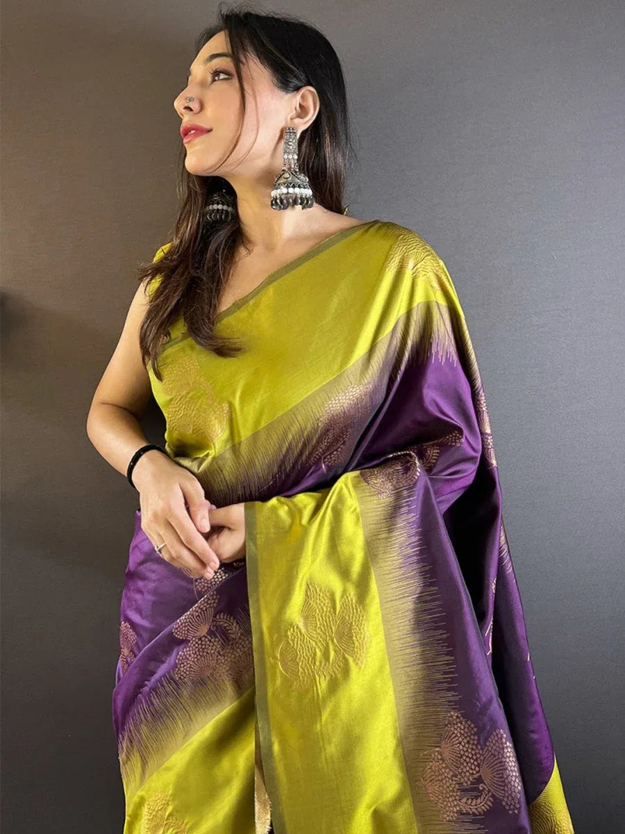 Parrot Green With Purple Soft Silk Saree With Blouse Piece - EZBER