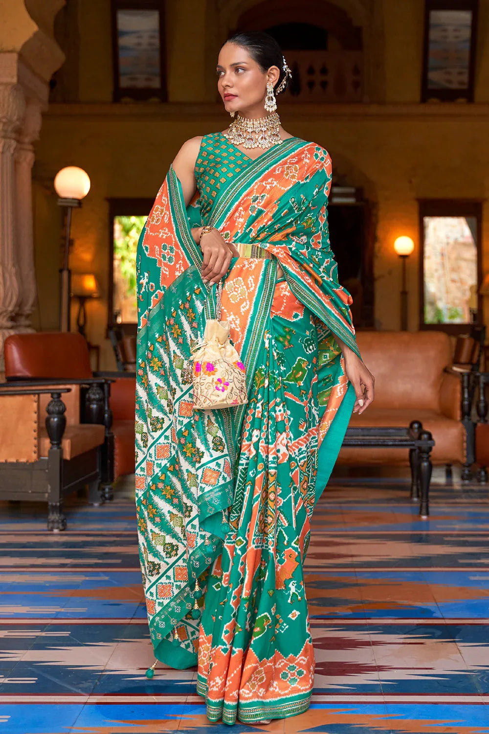 Green Orange Dual Tone Patola Saree - EZBER