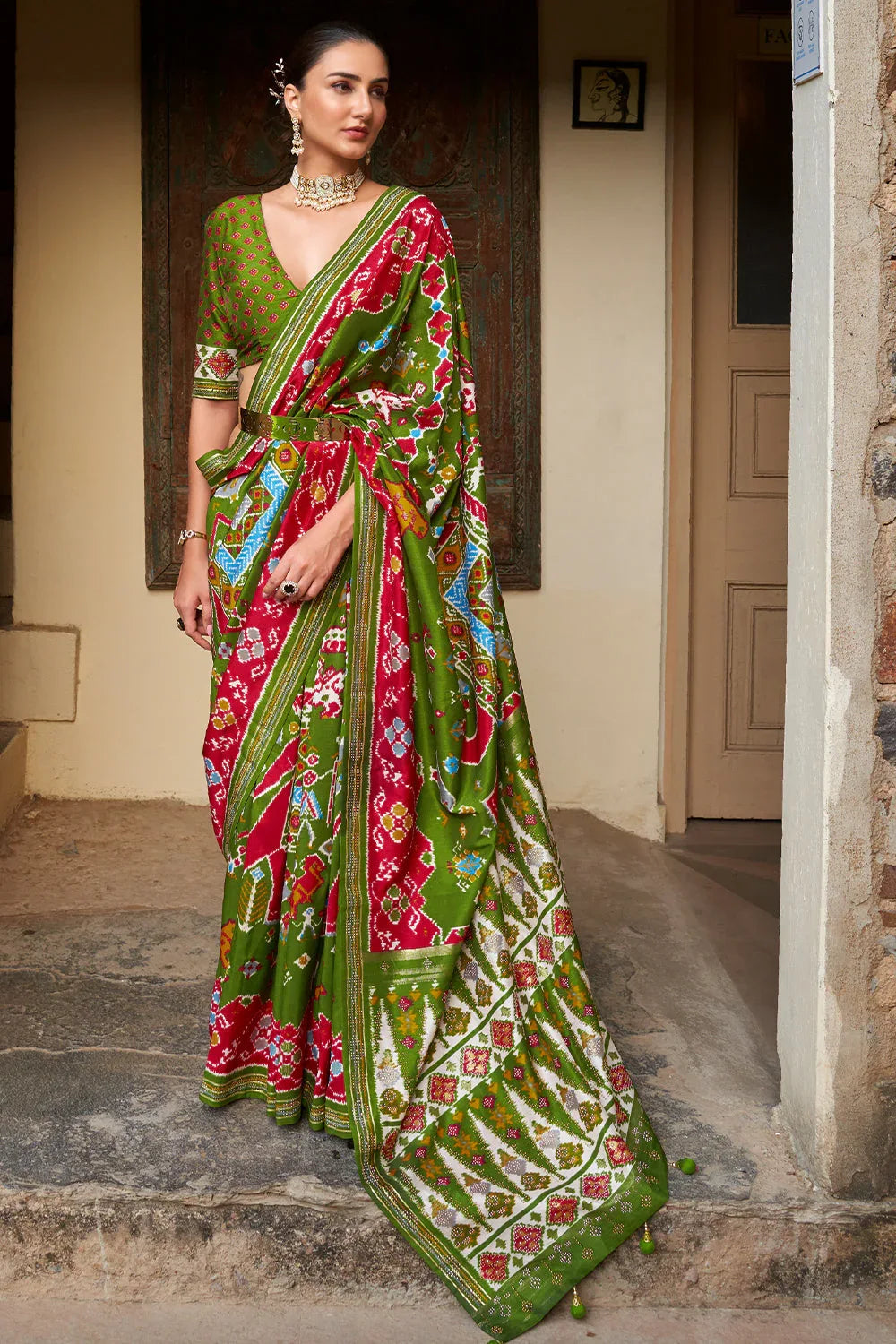 Green Red Dual Tone Patola Saree - EZBER
