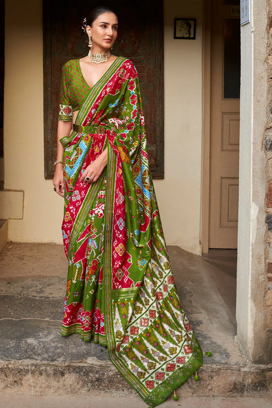 Green Red Dual Tone Patola Saree - EZBER