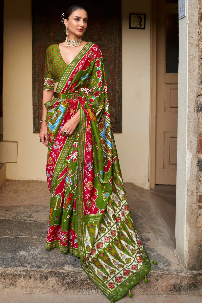 Green Red Dual Tone Patola Saree - EZBER