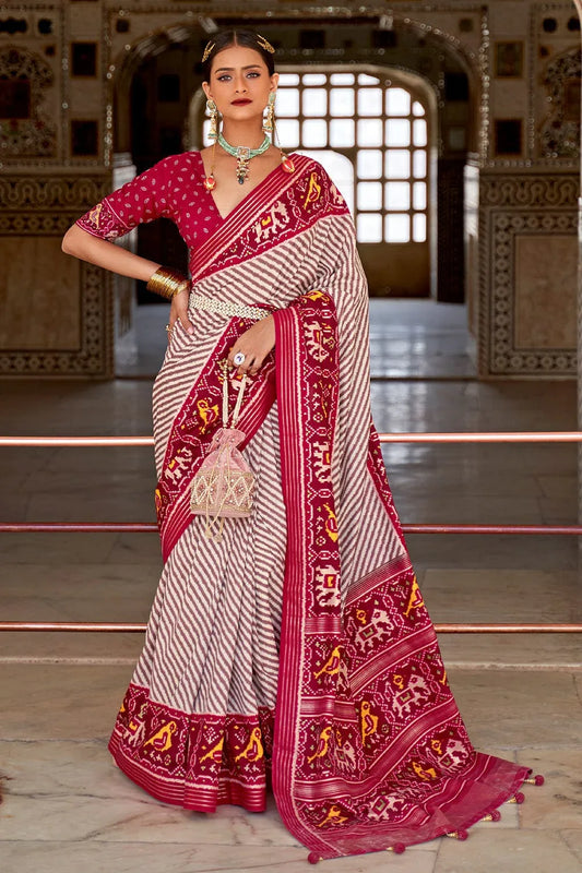 Grey Pink Dual Tone Patola Saree - EZBER