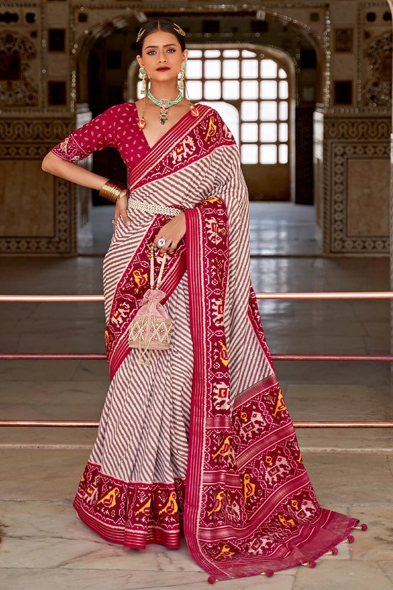 Grey Pink Dual Tone Patola Saree - EZBER