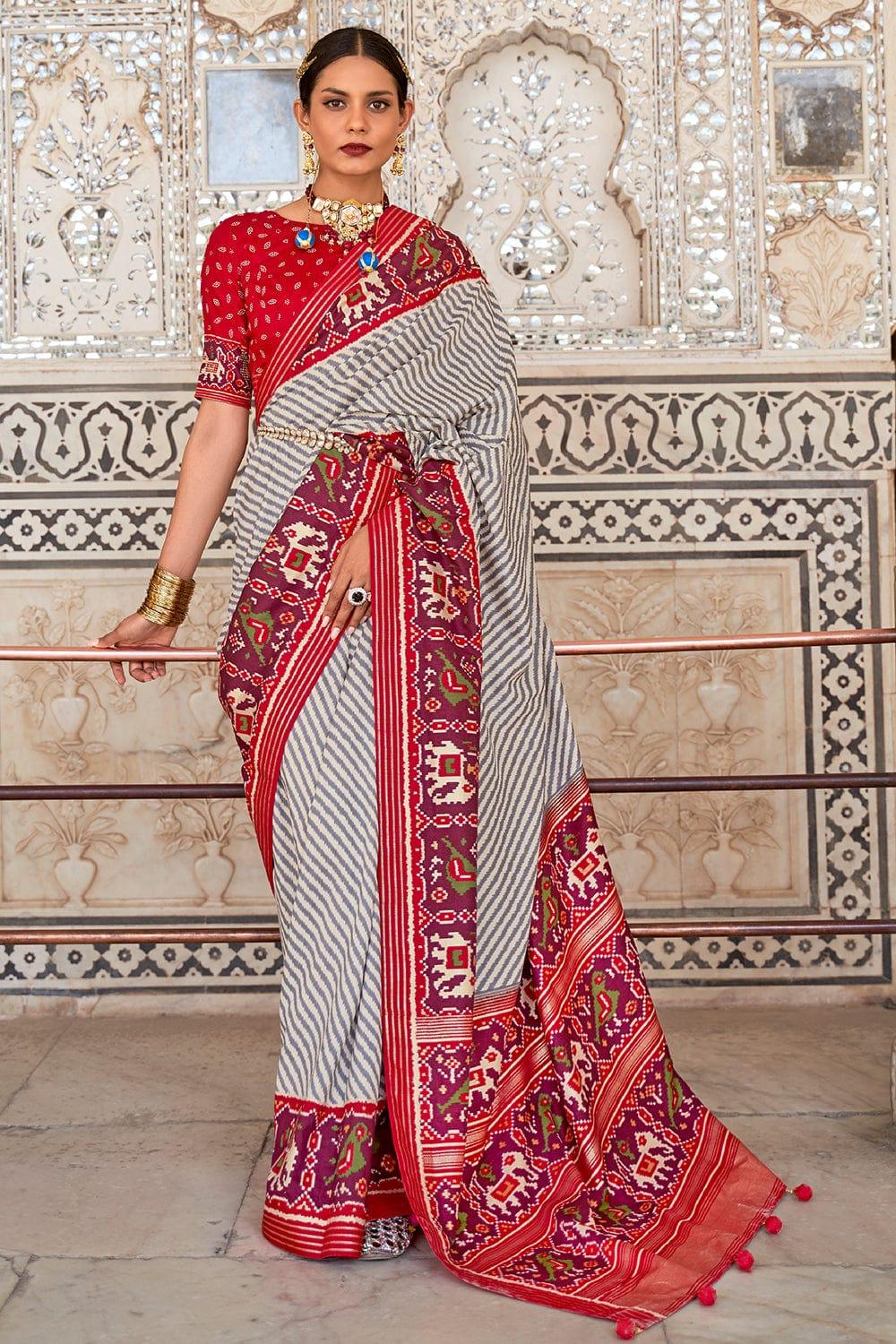 Grey Red Dual Tone Patola Saree - EZBER