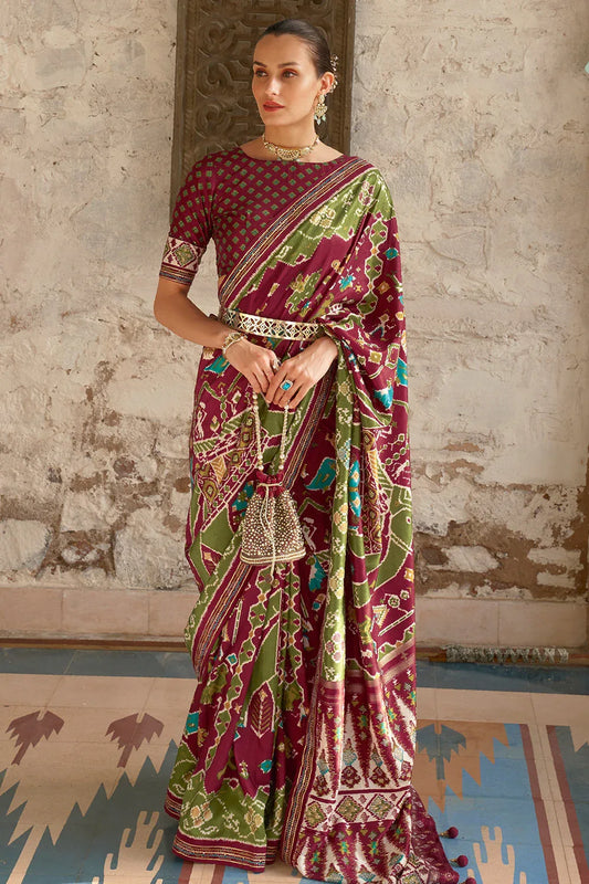 Maroon Green Dual Tone Patola Saree - EZBER