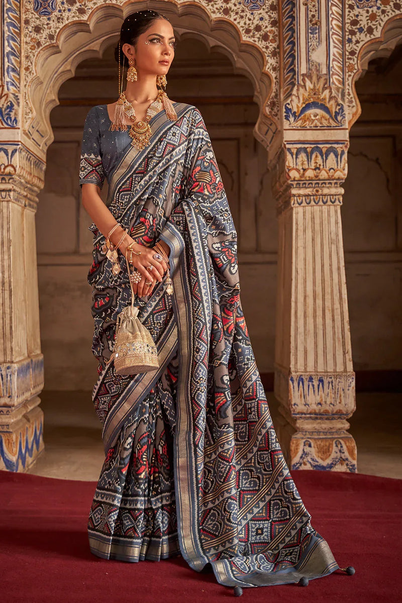 Pewter Grey Patola Saree - EZBER