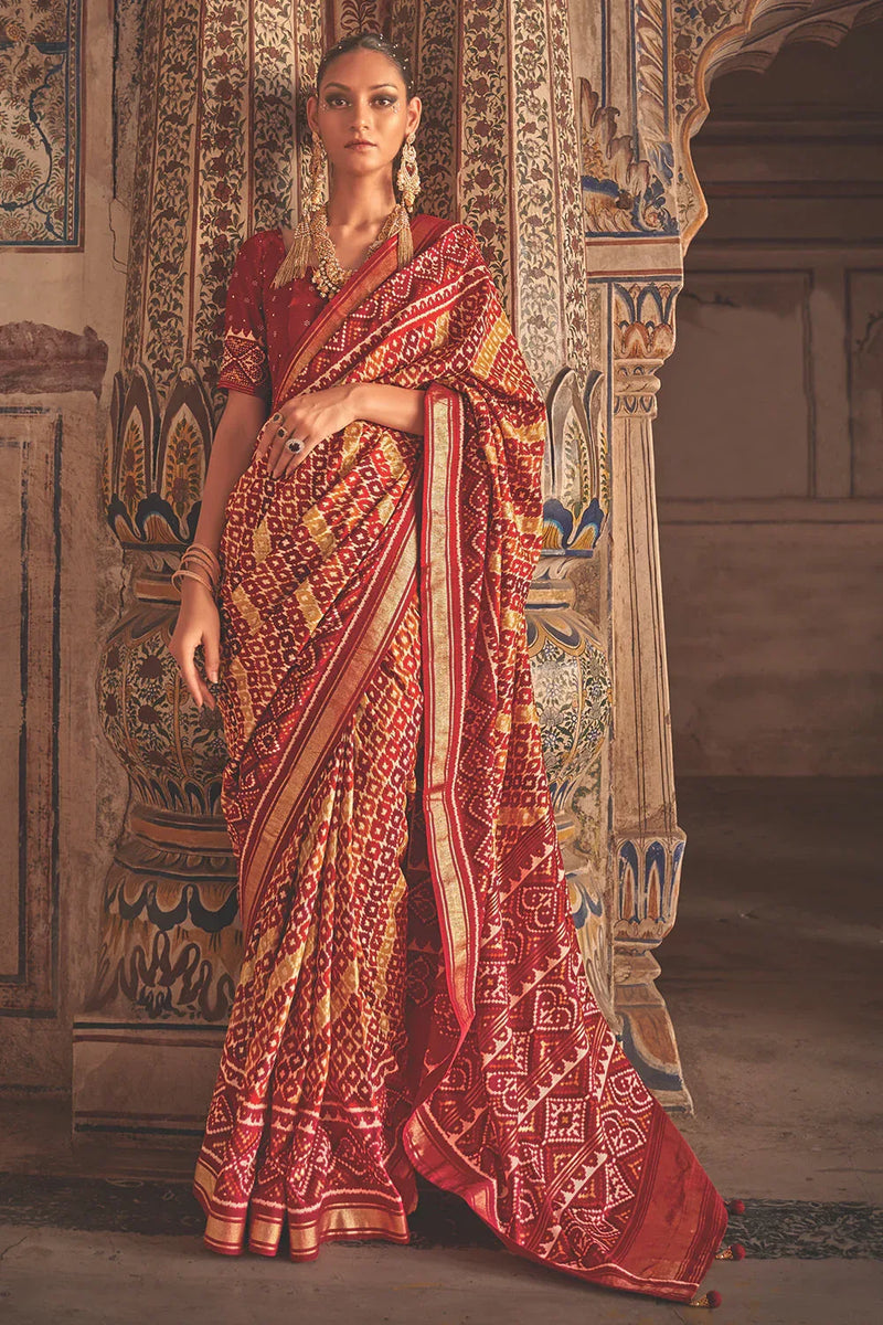 Red Yellow Patola Saree - EZBER