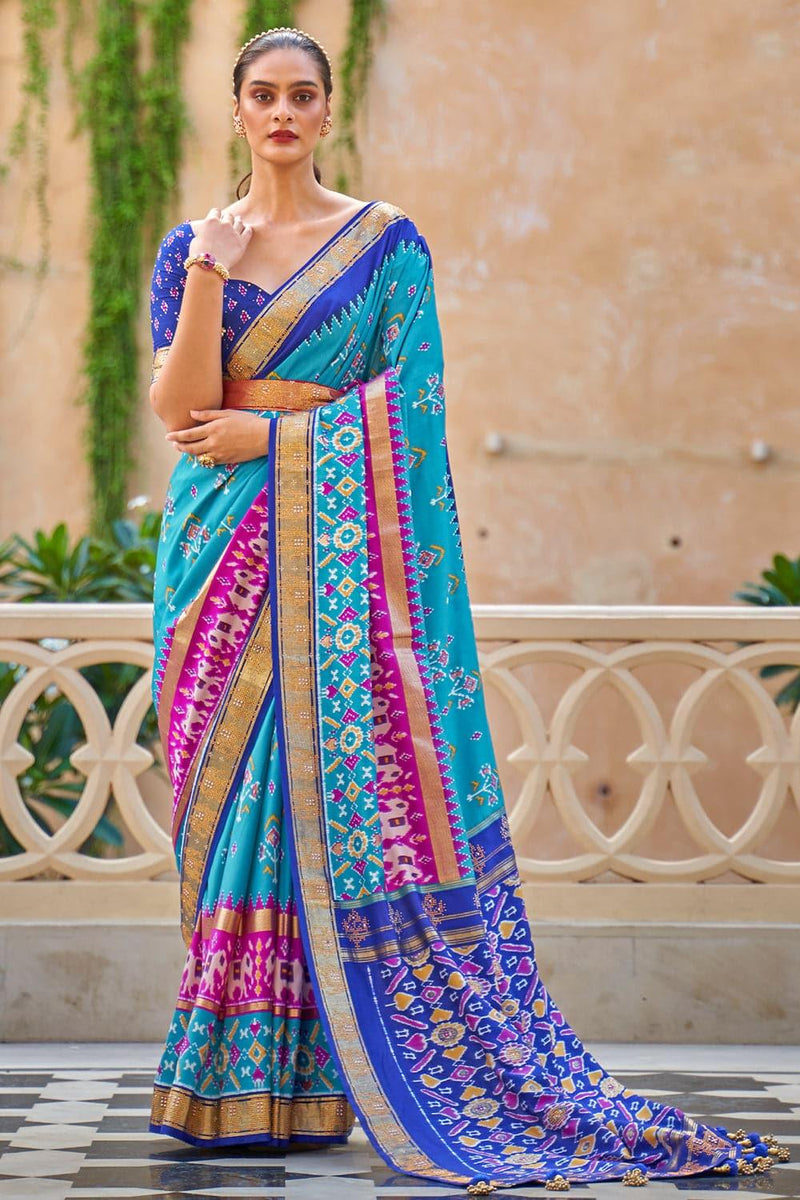 Vivid Blue Patola Saree - EZBER