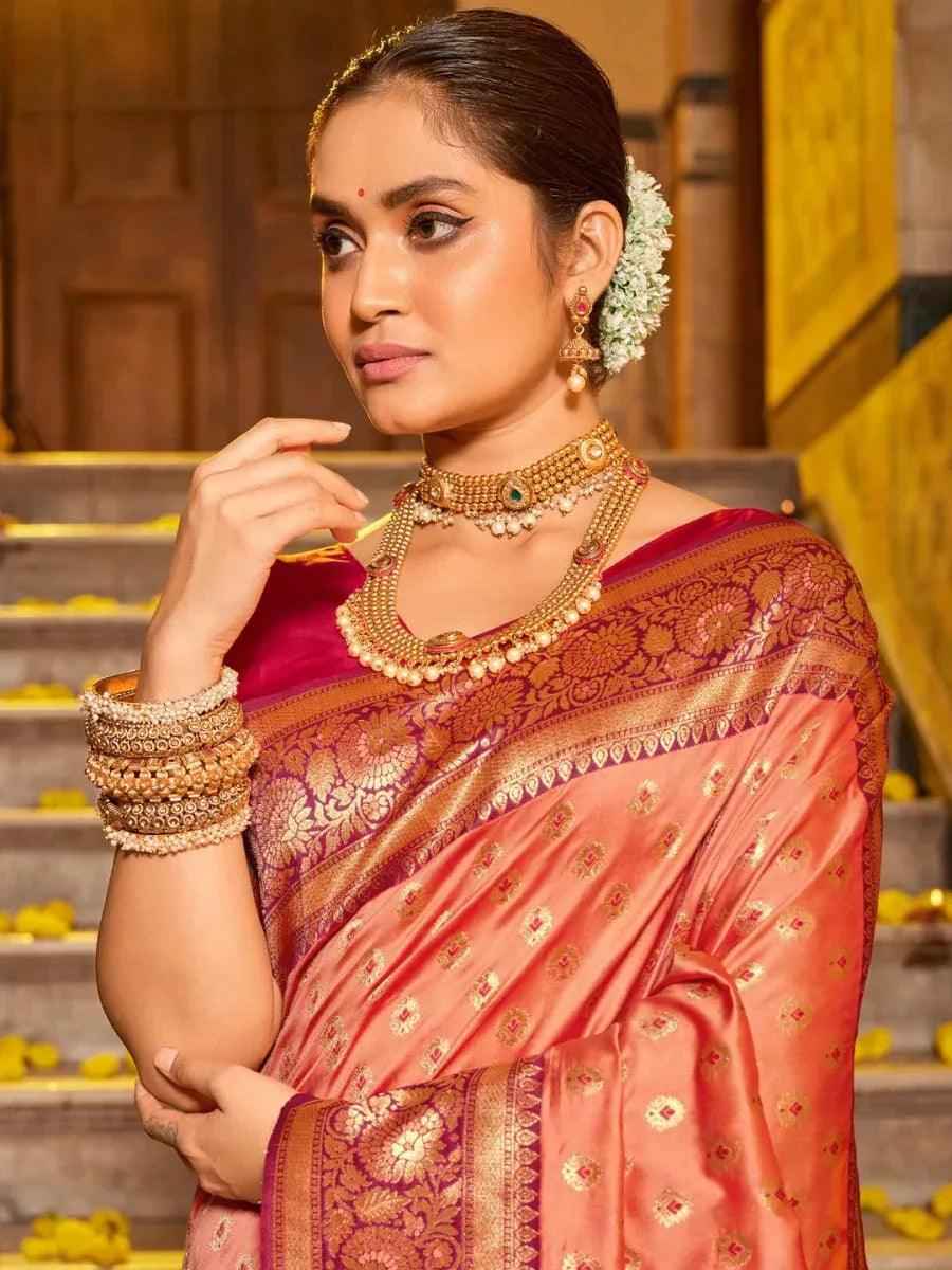 Peach Banarasi Silk Brocade Saree | EZB SI04 BWVNT5136