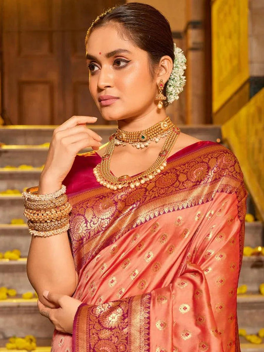 peach-banarasi-silk-saree-with-blouse-piece-1136291_fb6b7729-9552-4555-95b3-5c422d08d97d - EZBER