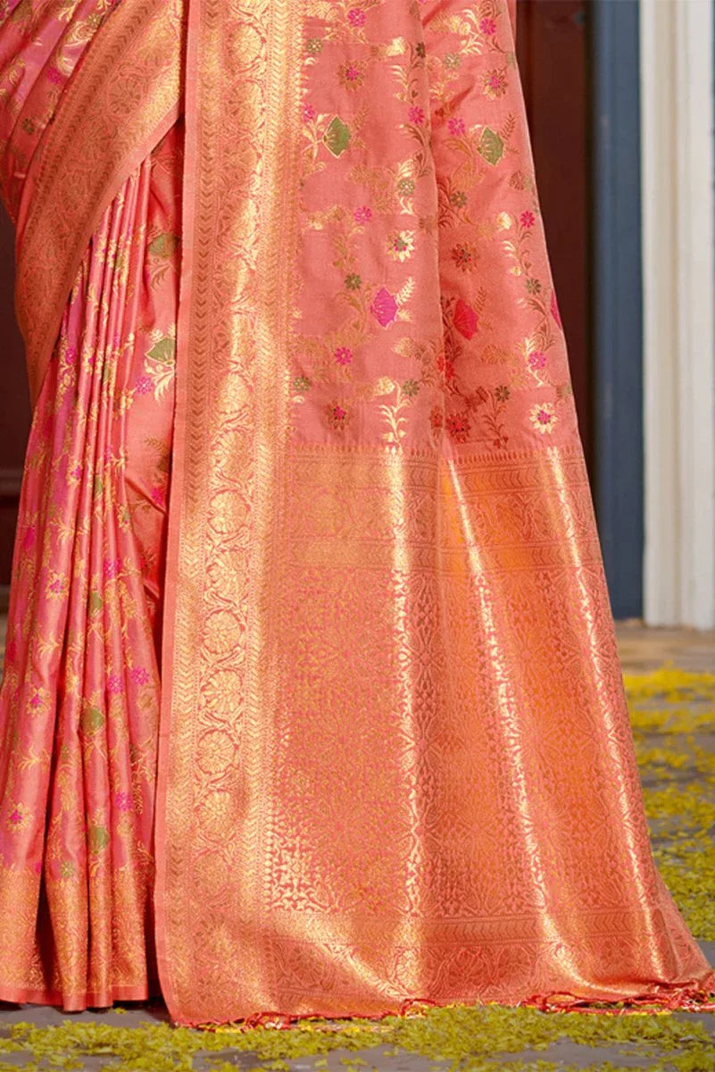 Peach Banarasi Silk Saree With Blouse Piece - EZBER